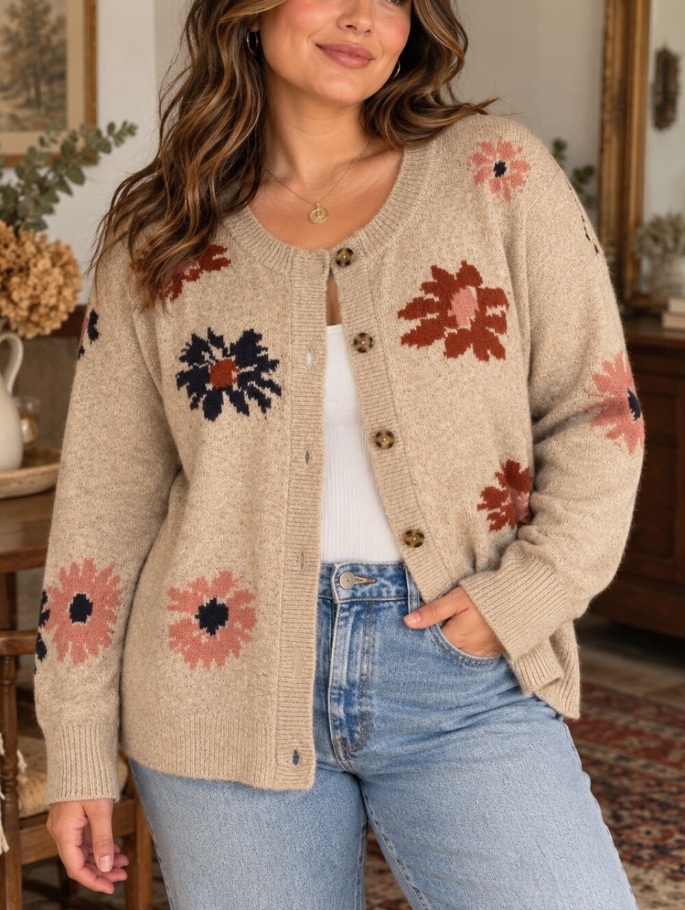 Devoted Floral Knit Button Front Cardigan Sweater 2X Plus Size